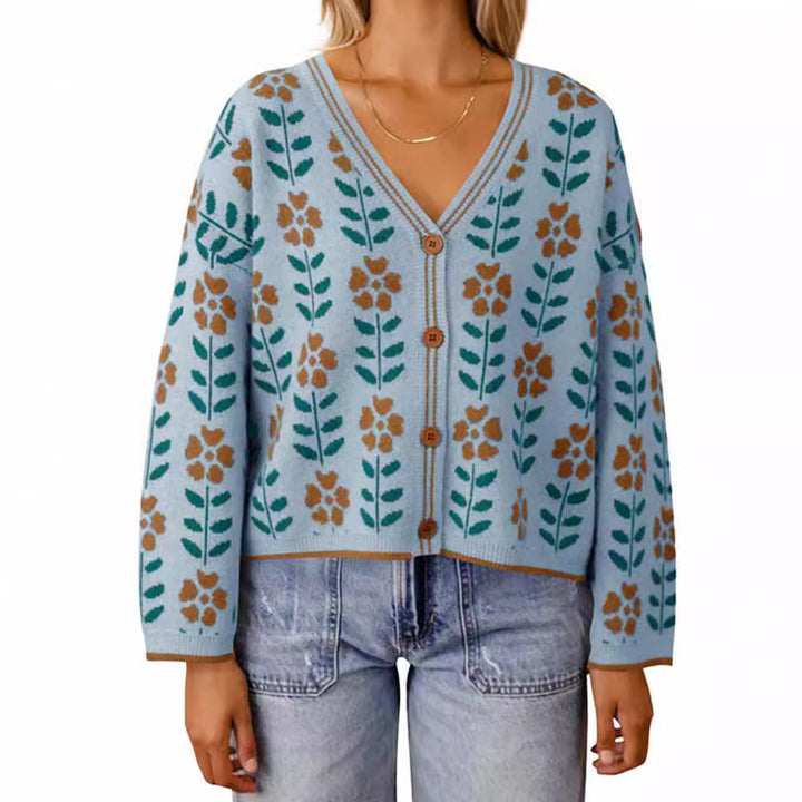Damen Strickjacke mit floralem Design und Knopfdetails Drune