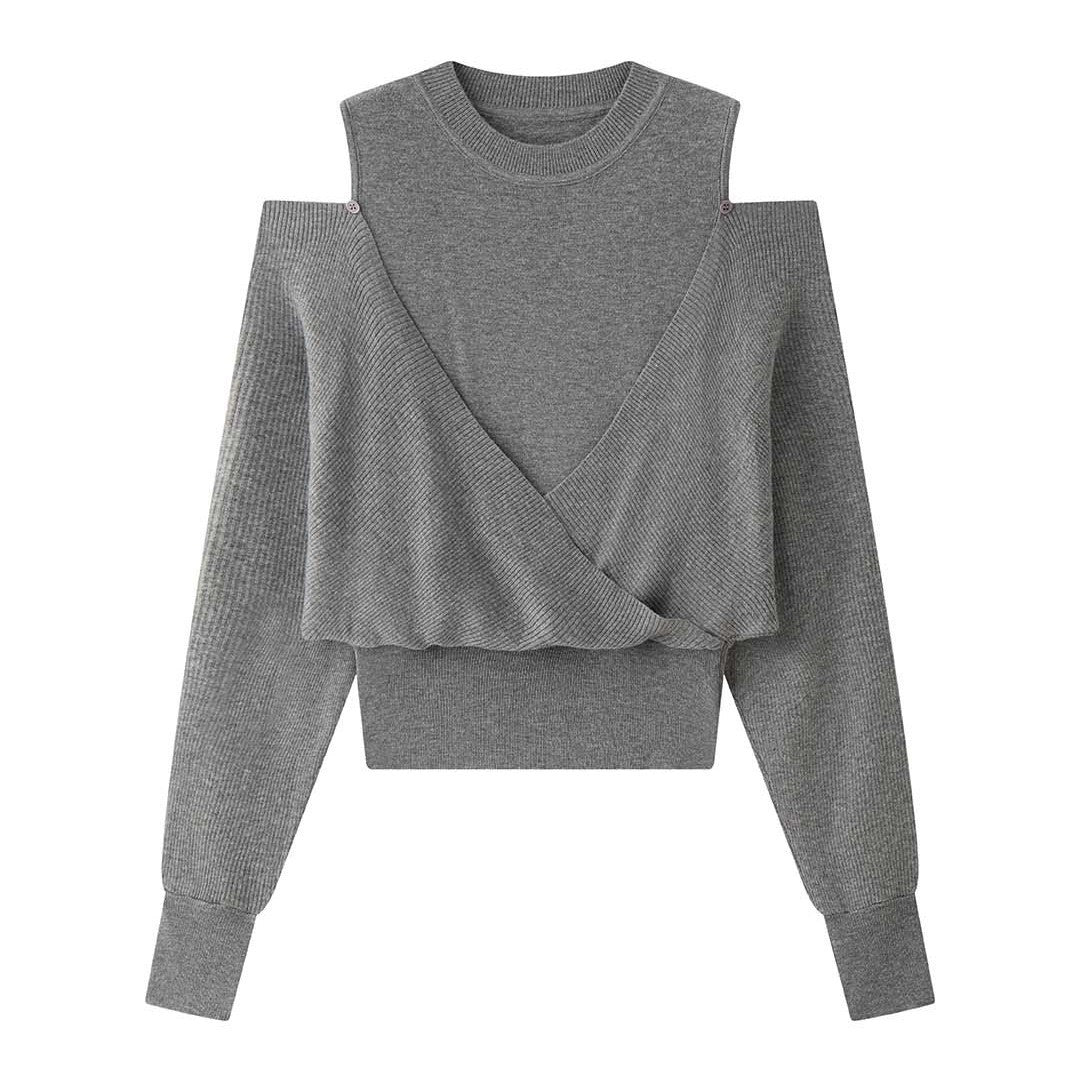 Damen Schulterfreier Feinstrick-Pullover mit asymmetrischem Wickeldetail Drune