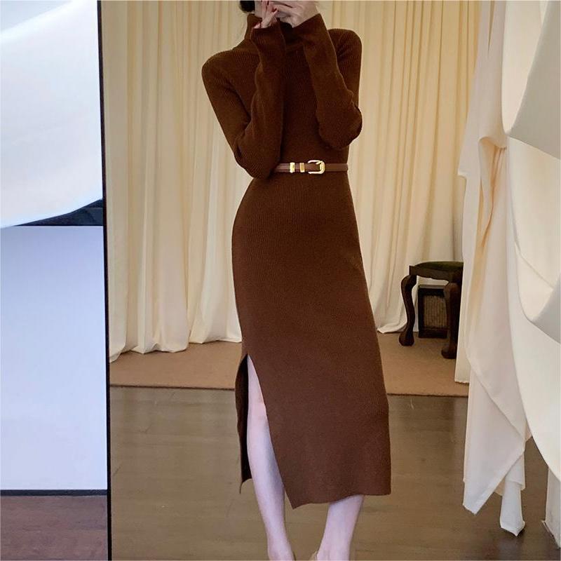 Damen Elegantes Strickkleid mit hohem Kragen und tailliertem Design Drune