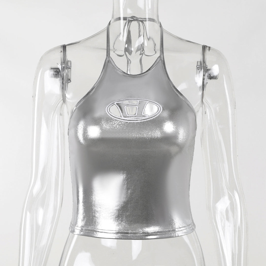 Damen Glänzendes Crop Top mit hohem Kragen und Logoapplikation Drune