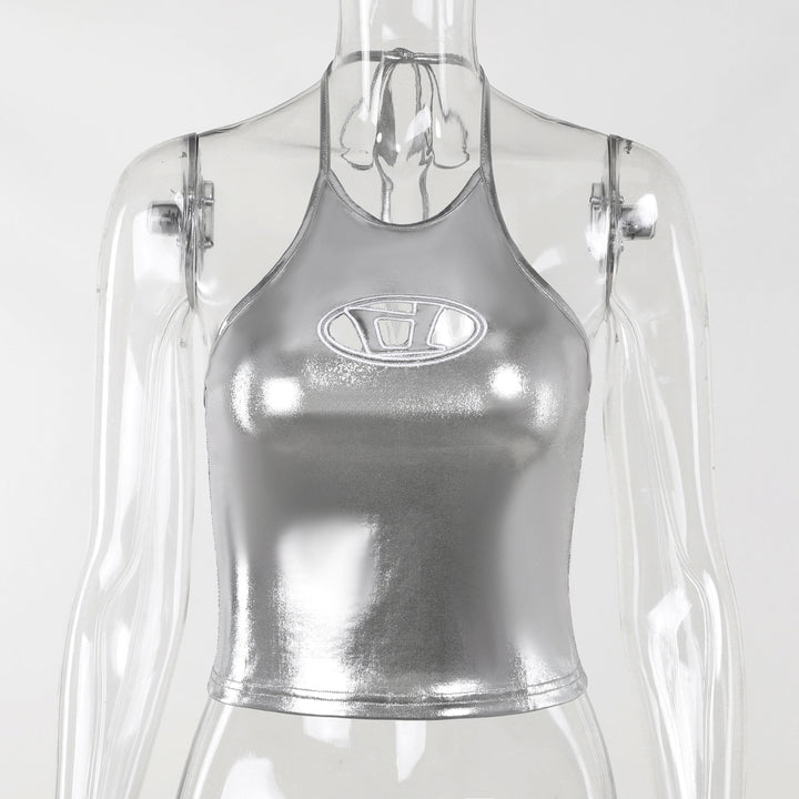 Damen Glänzendes Crop Top mit hohem Kragen und Logoapplikation Drune