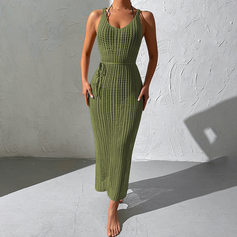 Damen gehäkeltes Maxikleid mit tailliertem Schnitt und seitlichem Kordelzug Drune