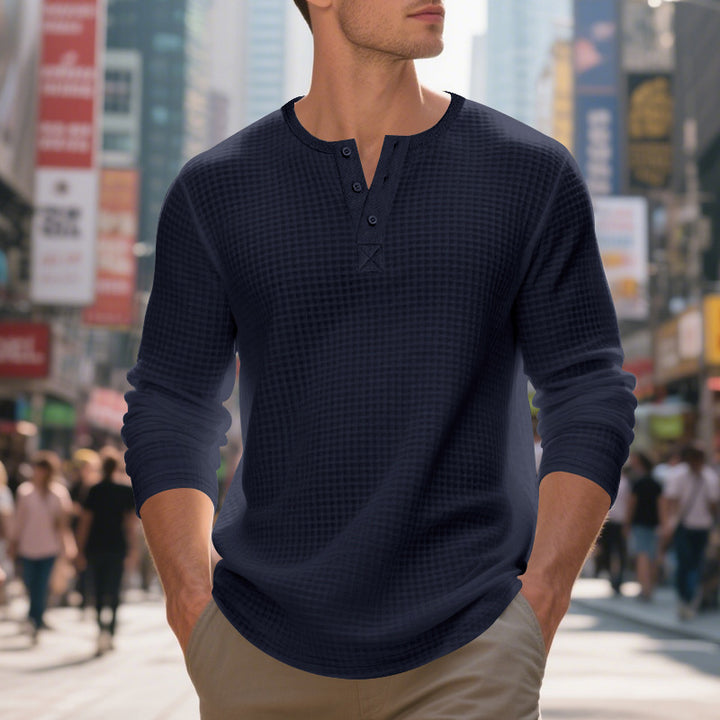 Herren nan thermoregulierendes Waffel-Thermalshirt mit Kurzknopfleiste und gerundetem Saum Drune