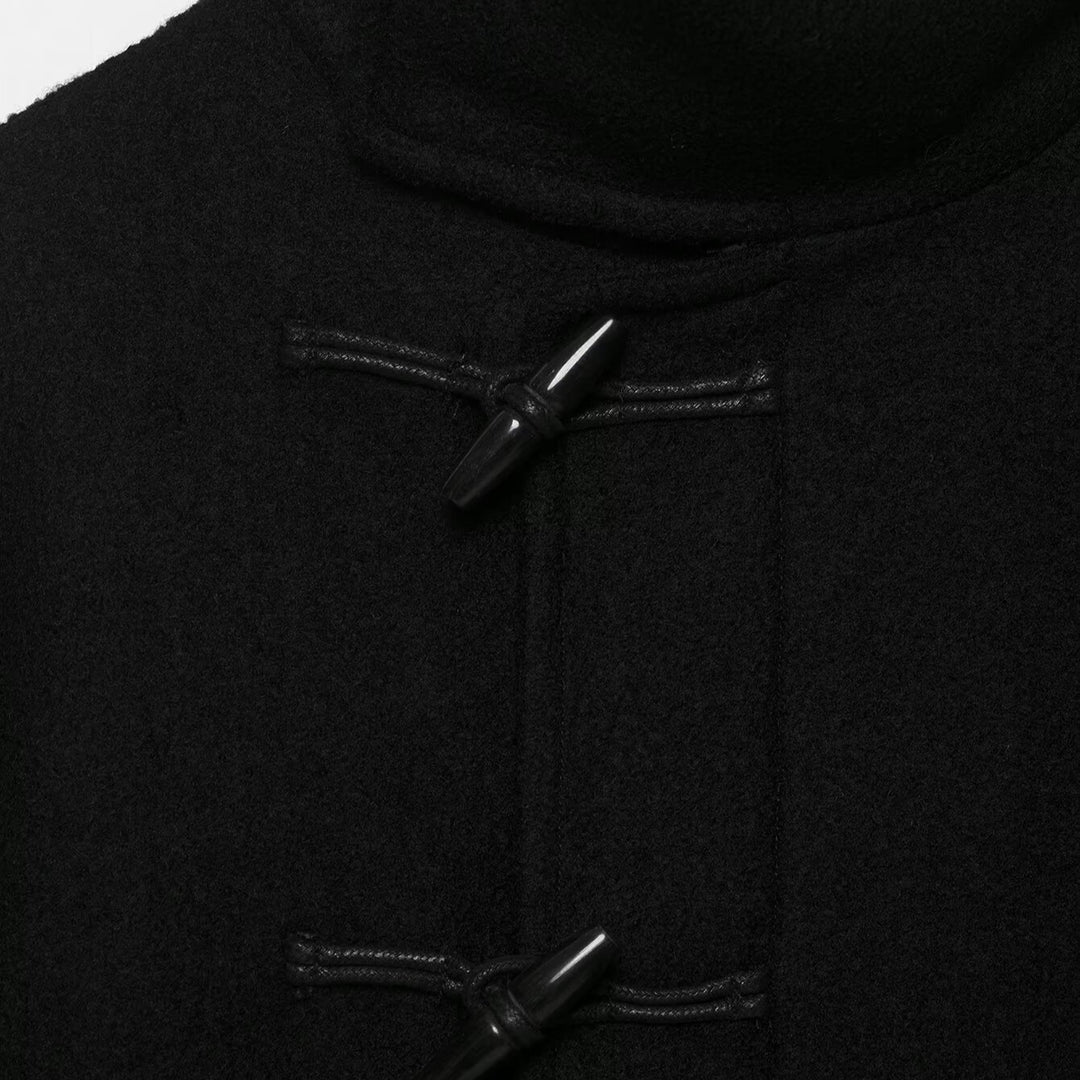 Damen Kurze Duffle-Capejacke mit Stehkragen, Knebelverschlüssen und Taillengürtel Drune