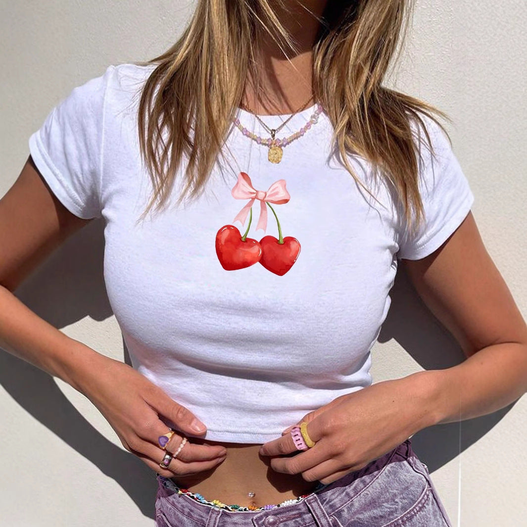 Damen Crop-T-Shirt mit frischem Kirschmotiv und verspieltem Schleifen-Design Drune