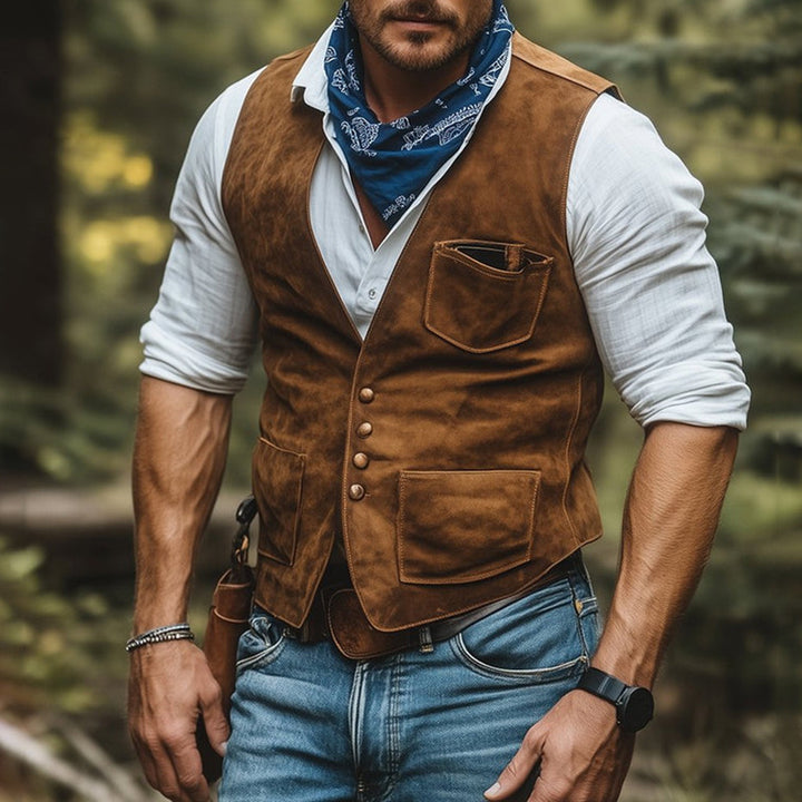 Herren Western-inspirierte Wildlederweste mit Knopfleiste und Utility-Taschen Drune
