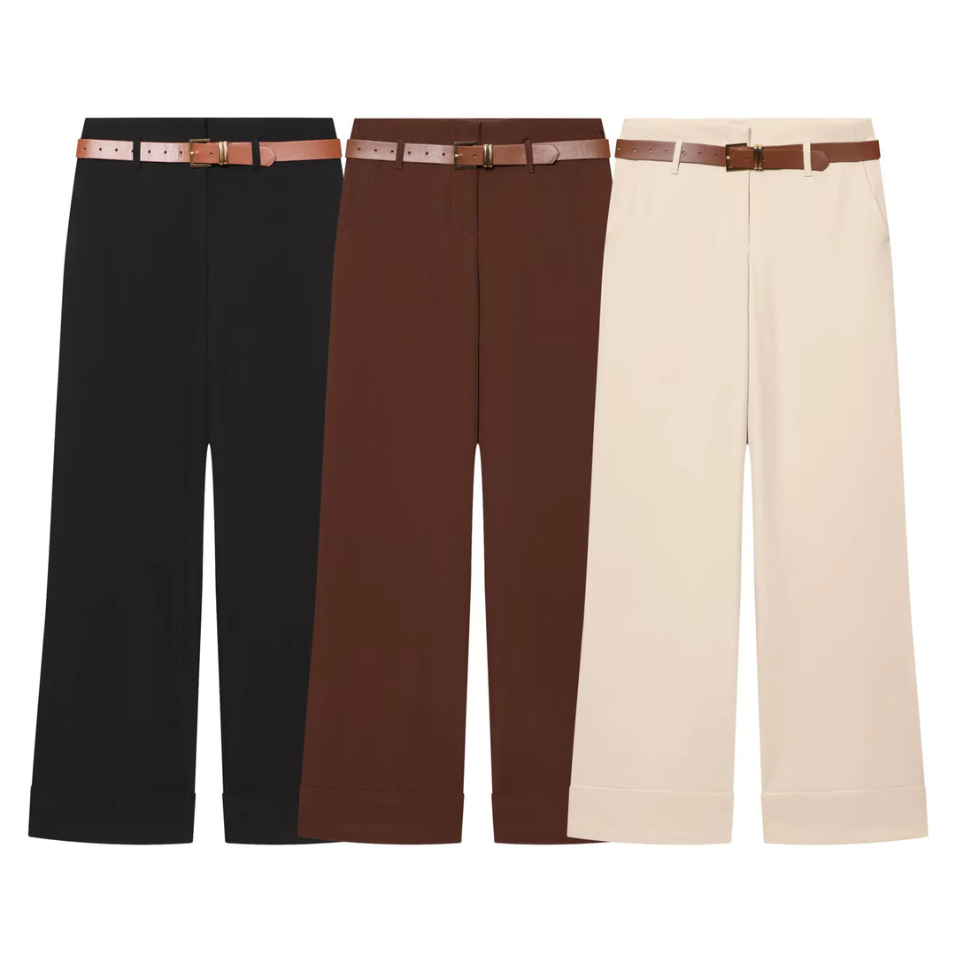 Damen nan Culotte-Hose mit hohem Bund, weitem Bein, breitem Aufschlag und Gürtelpassanten Drune