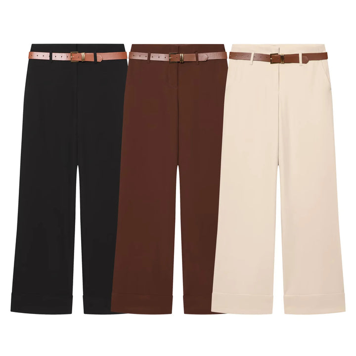 Damen nan Culotte-Hose mit hohem Bund, weitem Bein, breitem Aufschlag und Gürtelpassanten Drune