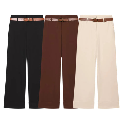 Damen nan Culotte-Hose mit hohem Bund, weitem Bein, breitem Aufschlag und Gürtelpassanten Drune