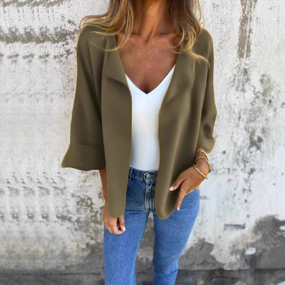 Damen nan legerer offener Strickcardigan mit Schalkragen krempelbaren Ärmeln und kastiger Silhouette Drune