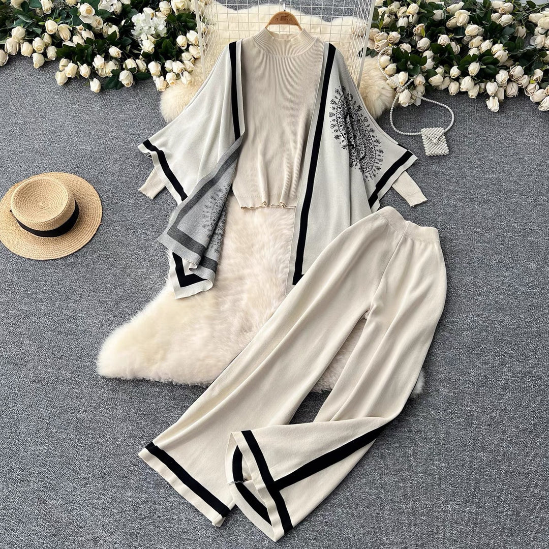 Damen lässiges Strickensemble mit langen Ärmeln und weitem Bein Drune