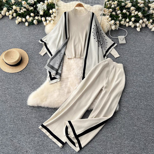 Damen lässiges Strickensemble mit langen Ärmeln und weitem Bein Drune
