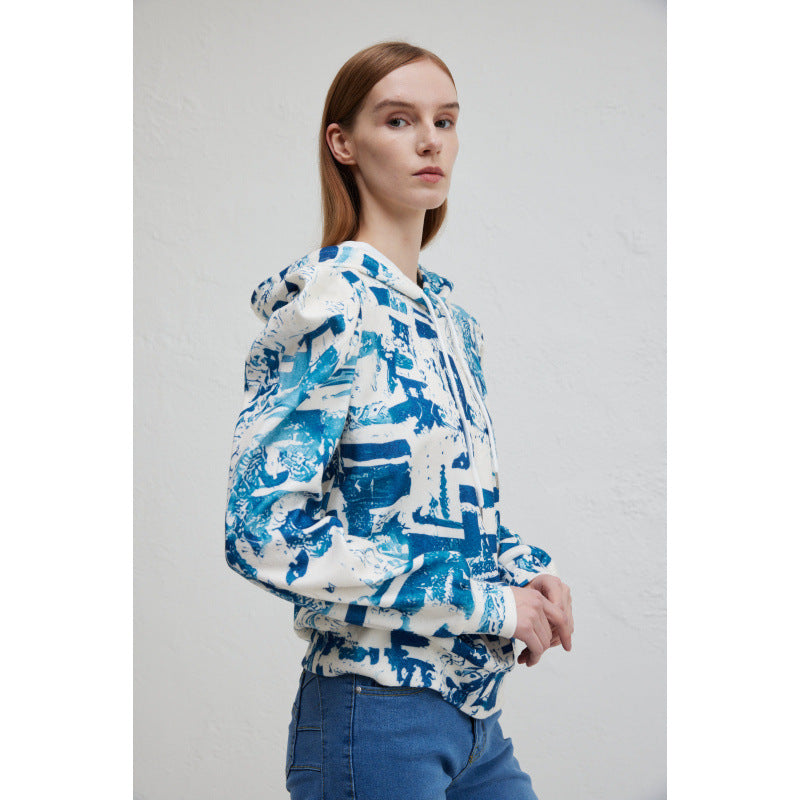 Damen Kapuzenpullover mit modischem Rüschendesign und kreativem Druck Drune