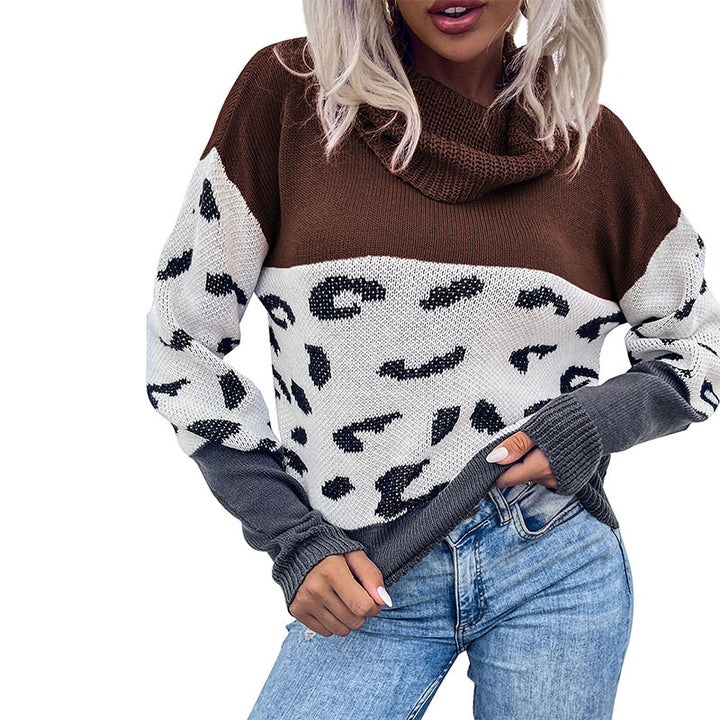 Damen Strickpullover mit weitem Rollkragen, Colorblock und Leopardenmuster Drune