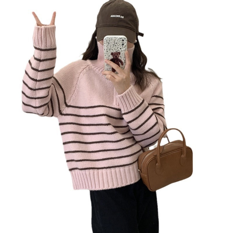Damen Lässiger Pullover mit gestreiftem Design und halbem Reißverschluss Drune