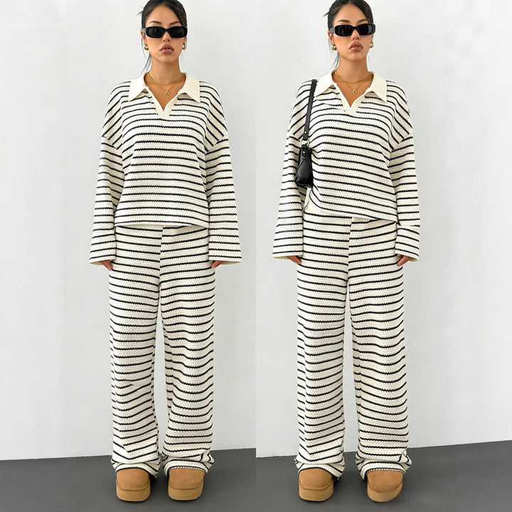 Damen Gestreifter Strickpullover mit Polokragen und Oversize-Ärmeln Drune