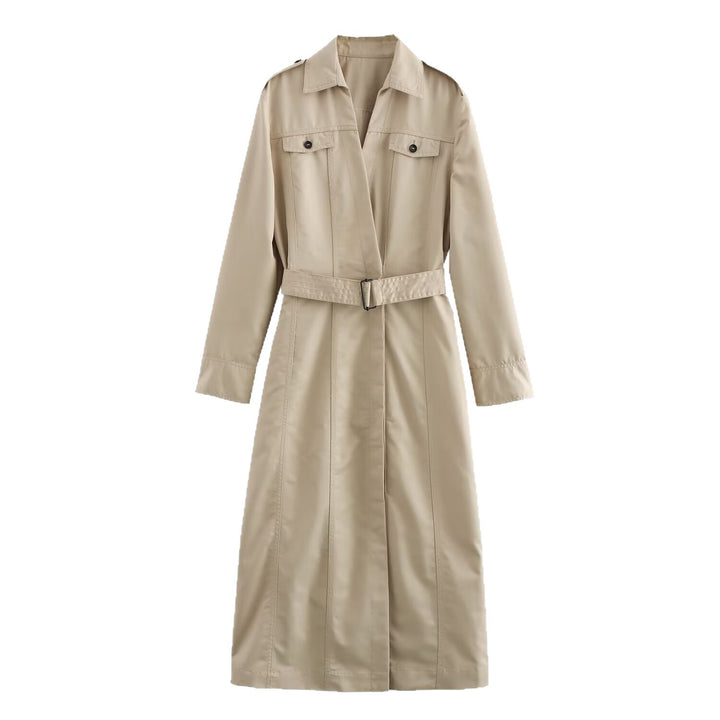 Damen Langer taillierter Trenchcoat mit Bindegürtel, Hemdkragen und Schulterpatten Drune