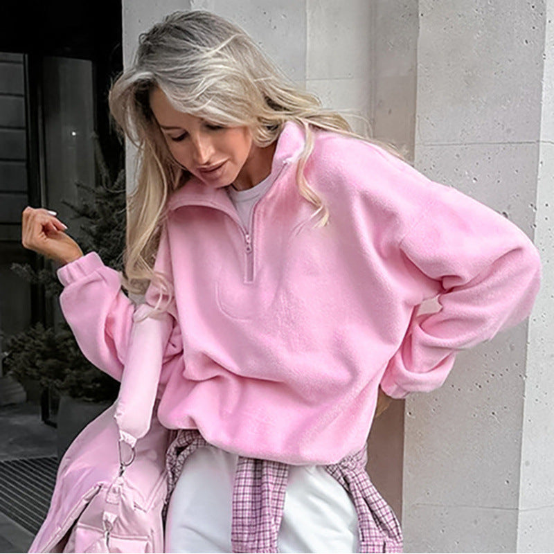 Damen Oversized Fleecepullover mit halbem Reißverschluss und Stehkragen Drune