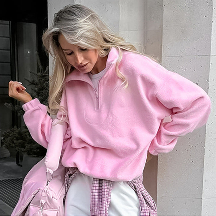 Damen Oversized Fleecepullover mit halbem Reißverschluss und Stehkragen Drune