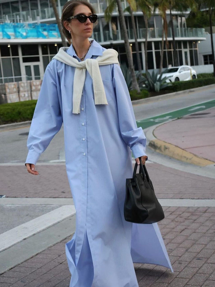 Damen Maxikleid im Hemdblusen-Stil mit seitlichem Schlitz und langen Ärmeln Drune