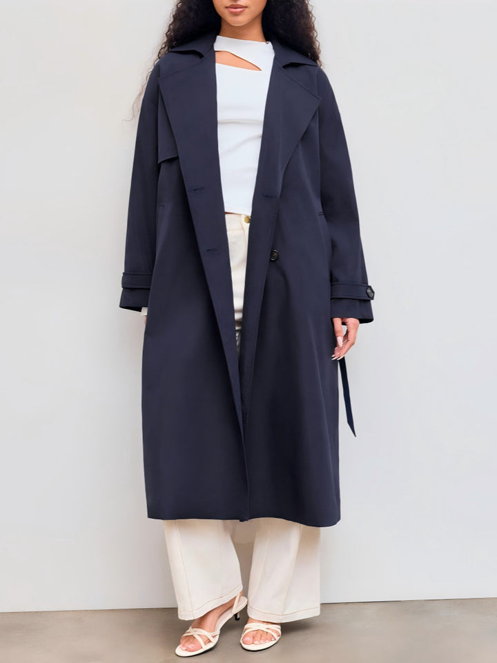 Damen Langer Trenchcoat-Mantel mit weiter Silhouette, Reverskragen und Taillengürtel Drune