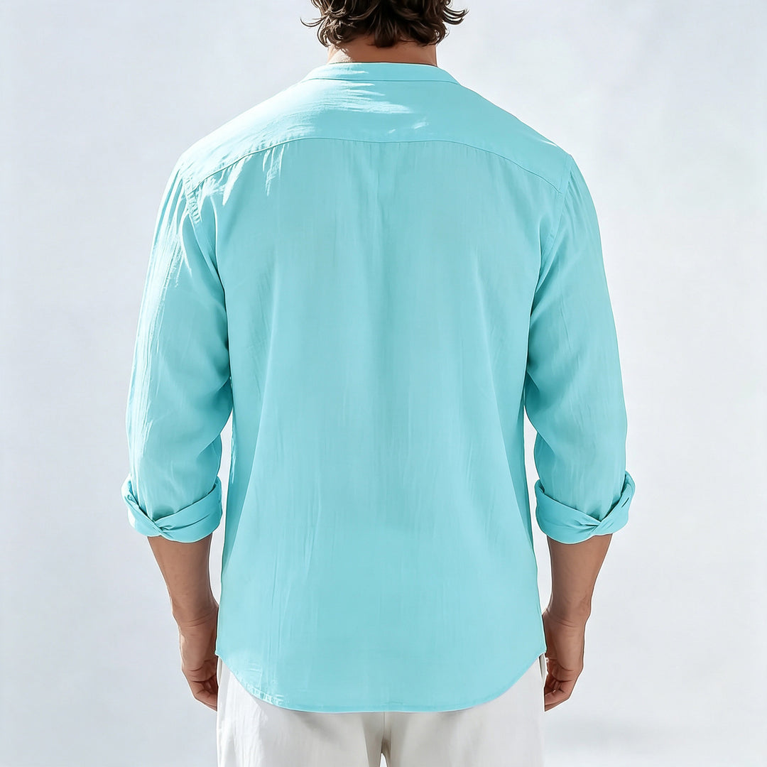 Herren Leichtes Leinen-Henley-Langarmshirt mit Mandarin-Kragen Drune