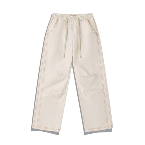 Unisex Weite Denim-Hose mit elastischem Bund, Kordelzug und gesteppter Kniepasse Drune