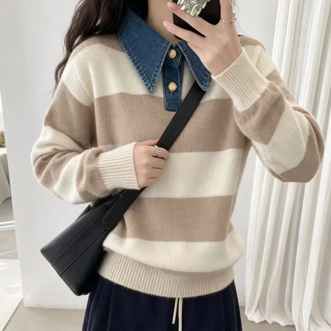 Damen Stilvoller Pullover mit Denim-Kragen Drune