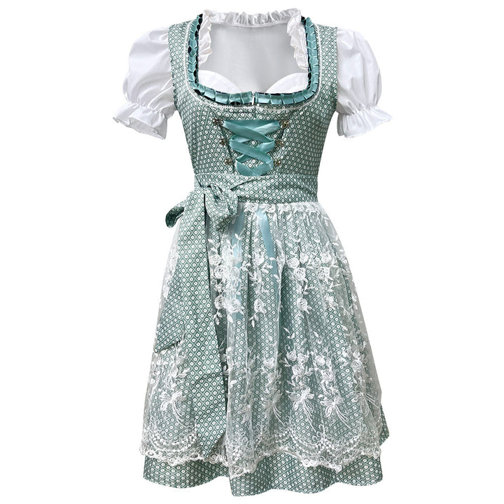 Damen nan traditionelles kurzes Dirndl mit Spitzenapron, Herzausschnitt, Puffärmeln und Schnürung Drune