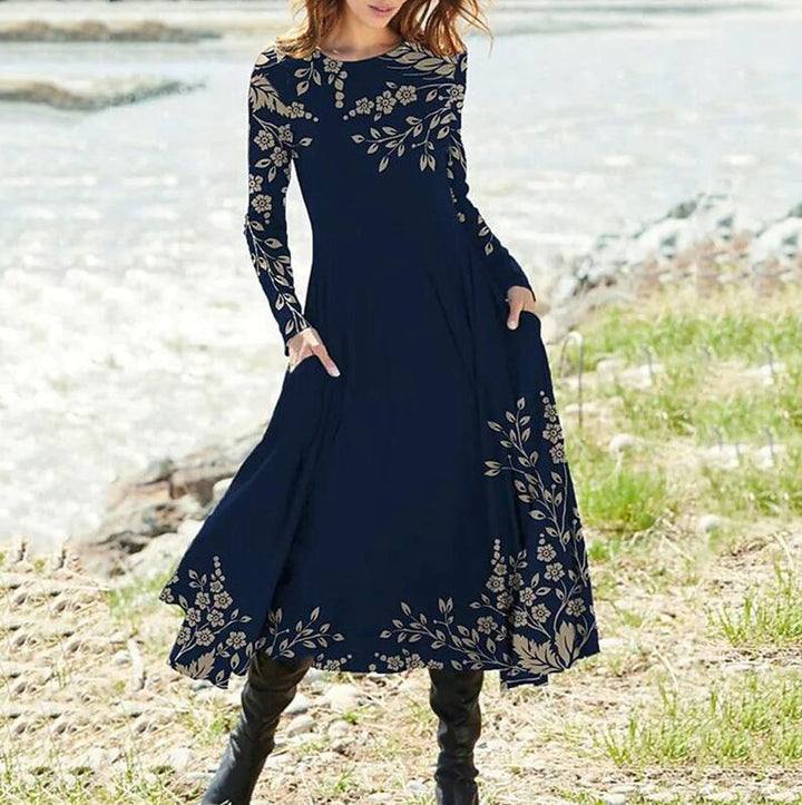 Damen nan Boho-Maxikleid mit taillierter Empire-Passe, langen Ärmeln und Seitentaschen Drune