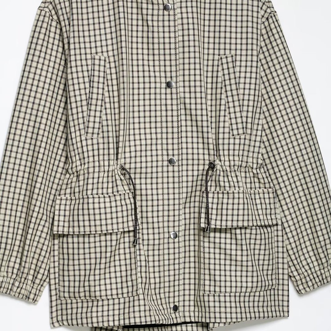 Damen Karierte Oversize-Parka mit Tunnelzug, Stehkragen und aufgesetzten Pattentaschen Drune
