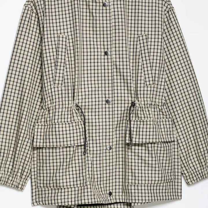 Damen Karierte Oversize-Parka mit Tunnelzug, Stehkragen und aufgesetzten Pattentaschen Drune