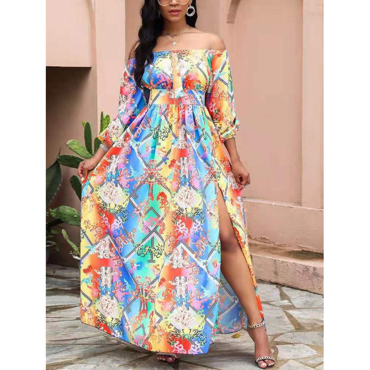 Damen Maxikleid mit offenem Schulterdesign und aufwendigem Barockmuster Drune