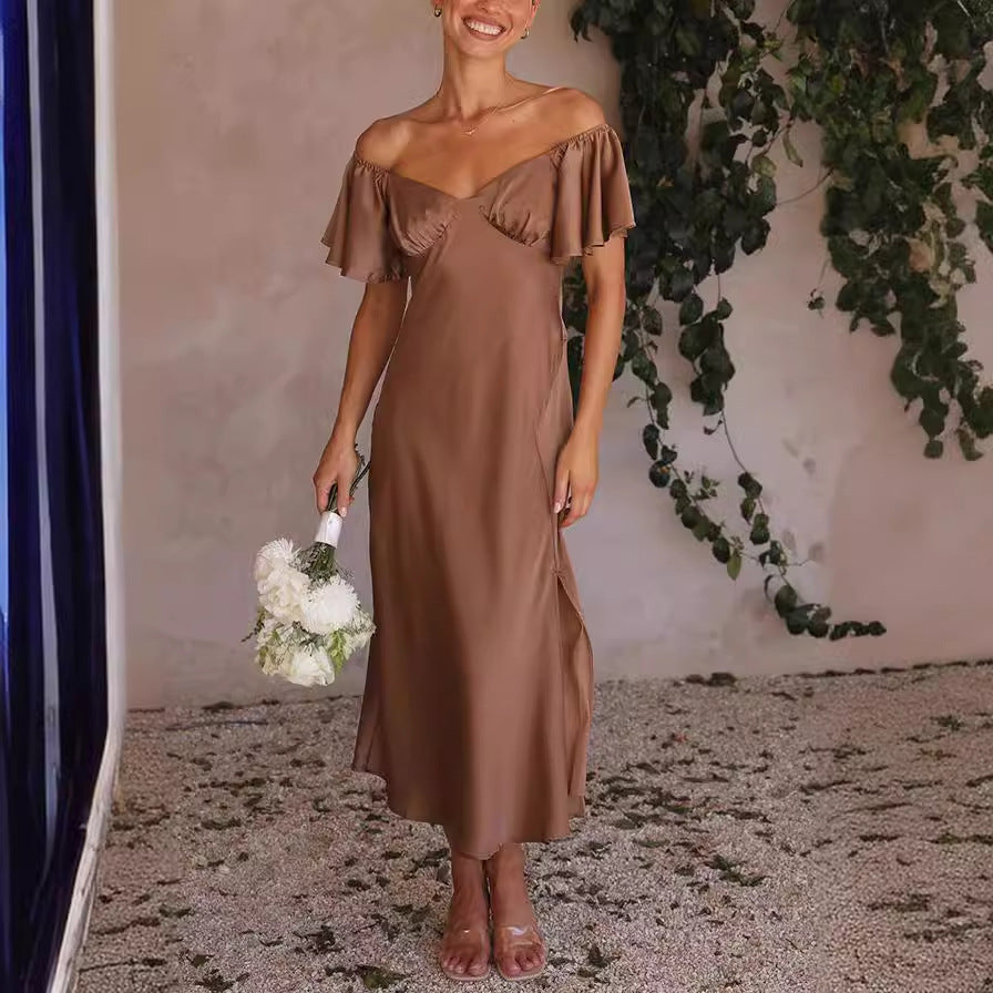 Damen Off-Shoulder Midi-Kleid mit voluminösen Ärmeln und eleganten Akzenten Drune