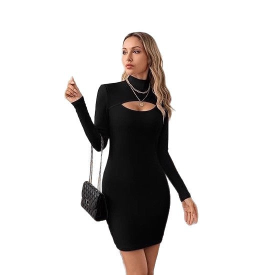 Damen figurbetontes Minikleid mit hochgeschlossenem Ausschnitt und Cut-Out Drune