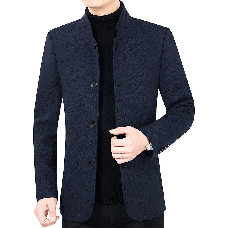 Herren Moderner taillierter Mantel mit Stehkragen und Knopfleiste aus Wollmix Drune