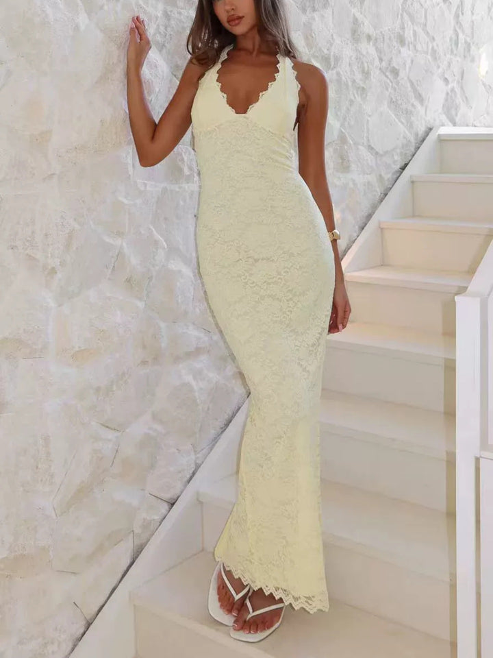 Damen Elegantes Spitzenmaxikleid mit halterndem Dekolleté Drune