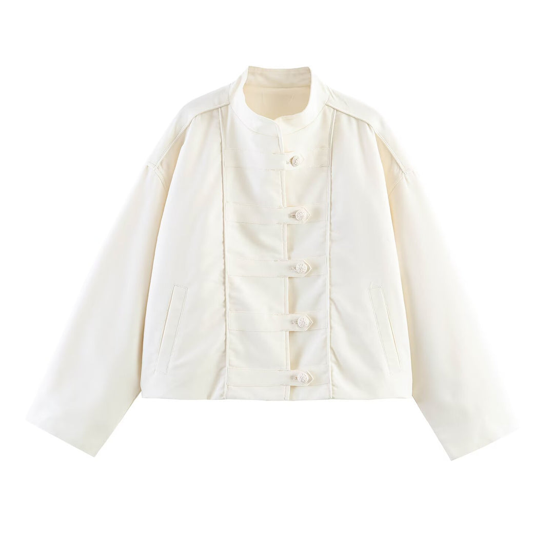 Damen Oversize Jacke mit Stehkragen und chinesischen Zierknöpfen Drune