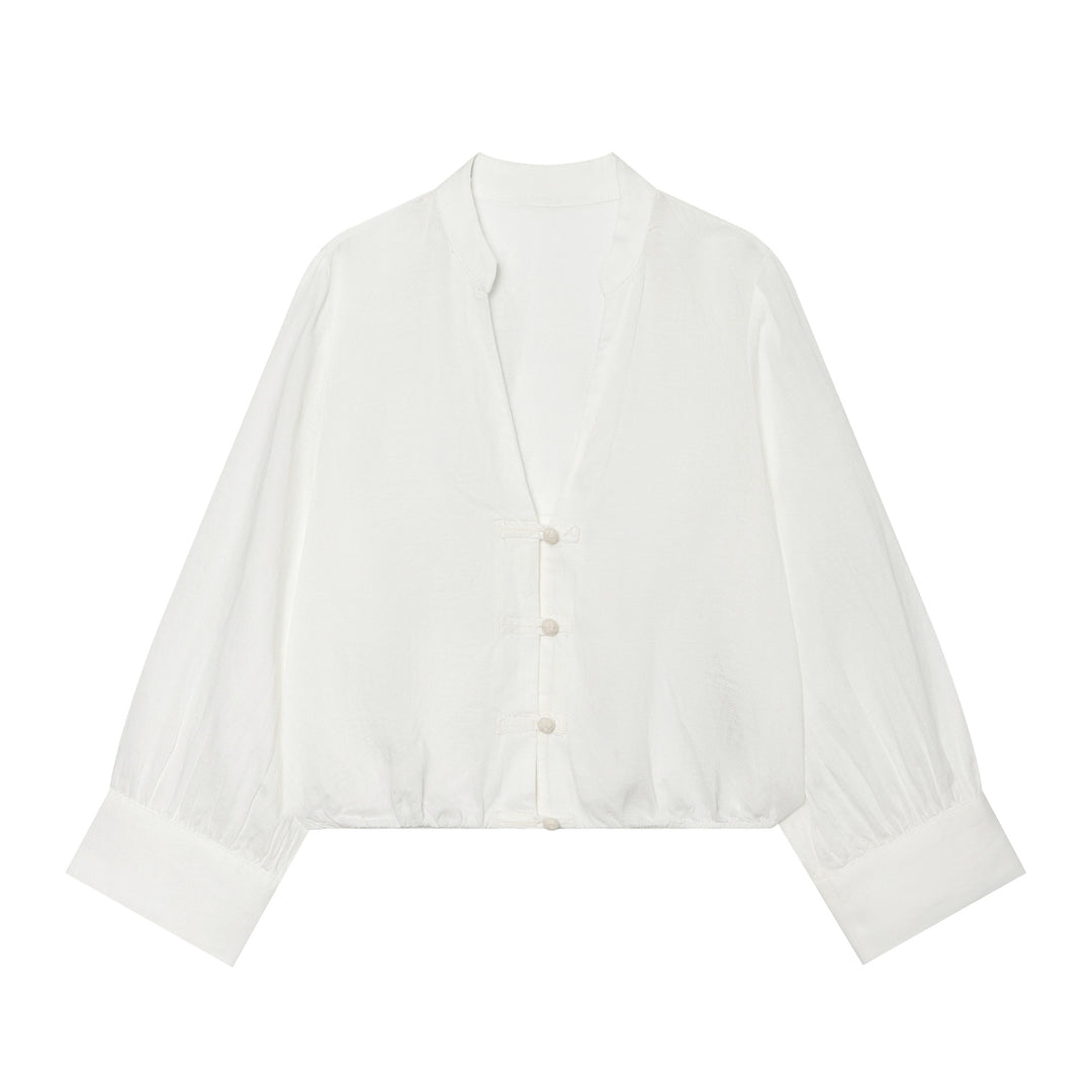 Damen Cropped-Bluse im Tai-Chi-Stil mit Stehkragen, Knotenverschlüssen und Ballonärmeln Drune