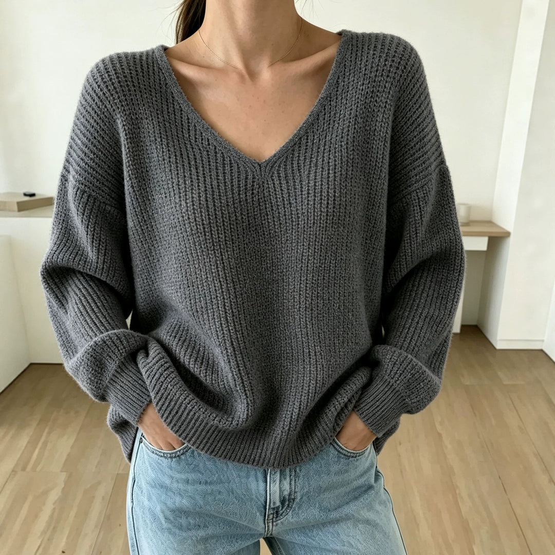 Damen Lässiger Boxy-Grobstrickpullover mit V-Ausschnitt und gerippten Bündchen Drune