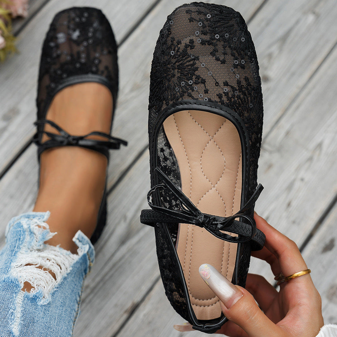 Damen Elegante Spitzenschuhe mit dekorativen Schleifen und funkelnden Akzenten Drune