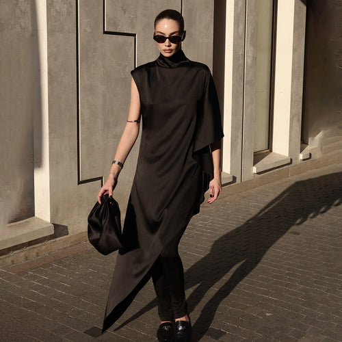 Damen Elegantes asymmetrisches Kleid mit hohem Kragen und seitlichem Schwung Drune