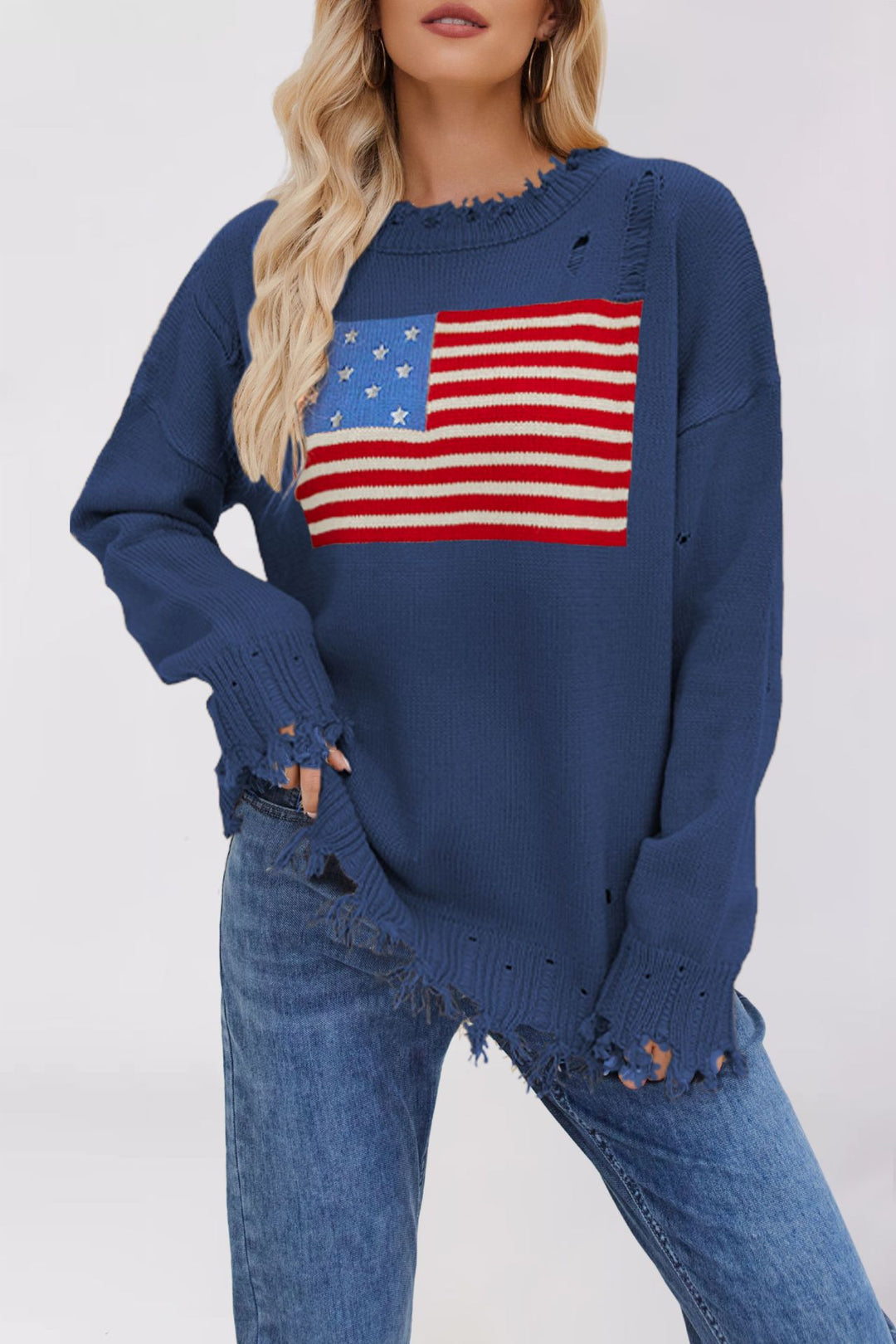 Damen lässiger Pullover mit Flaggenmuster und fransigem Saum Drune