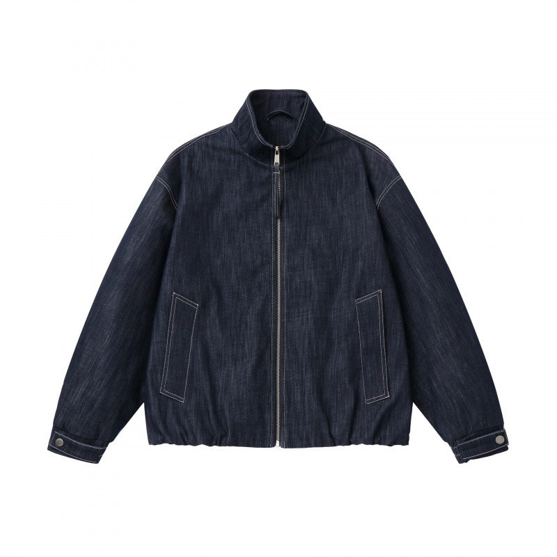 Unisex Kastenförmige Jeans-Blousonjacke mit Stehkragen, Reißverschluss und elastischem Saum Drune