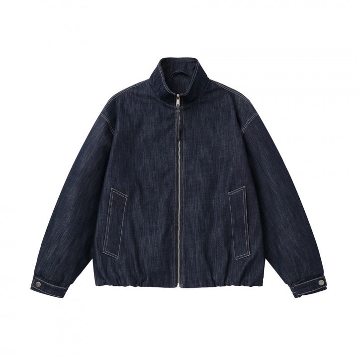 Unisex Kastenförmige Jeans-Blousonjacke mit Stehkragen, Reißverschluss und elastischem Saum Drune
