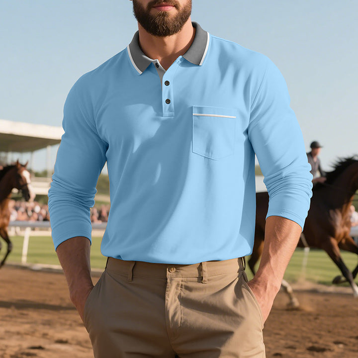 Herren nan langärmeliges Polohemd mit Kontrastkragen, Brusttasche und feinem Baumwollstretch Drune