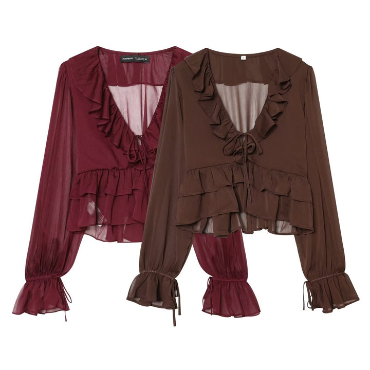 Damen Chiffon-Croppedbluse mit Rüschenvolant, Bindeband und Ballonärmeln Drune
