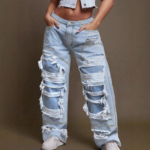 Damen Baggy-Denimhose mit extragroßen Destroyed‑Cutouts und weitem Bein Drune