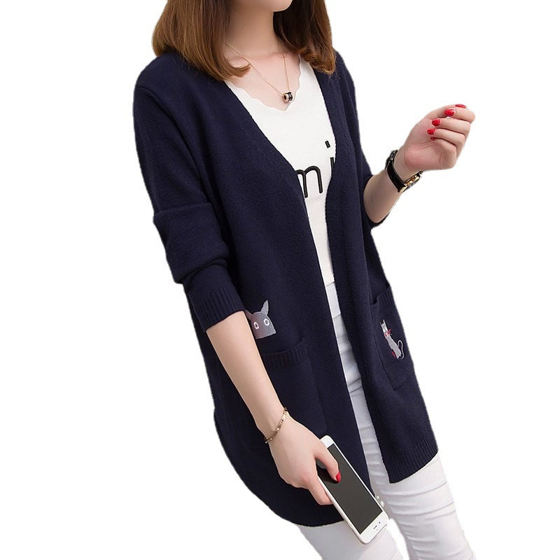 Damen Lässige Strickjacke mit tierischem Design und tiefen Taschen Drune