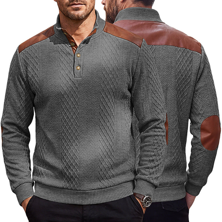 Herren Pullover mit Stehkragen, Zopfmuster und kontrastierenden Lederbesätzen Drune